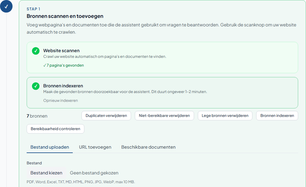 Schermafbeelding van bronbeheer in het OverheidsChat-beheerpaneel: alle bronnen zijn gescand en geïndexeerd, met een overzicht van de toegevoegde bronnen.